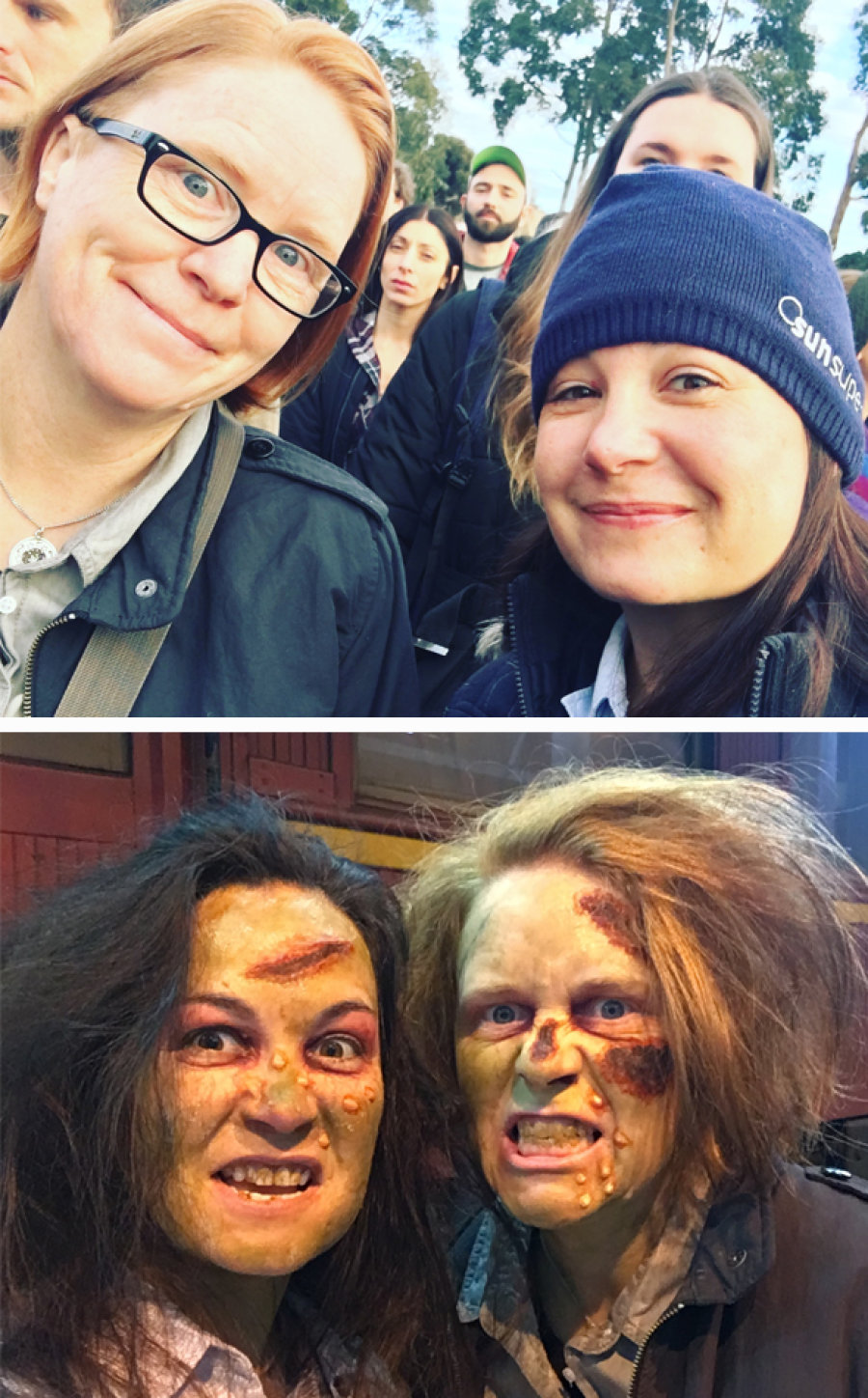 Before and after: the makeup techs on set worked tirelessly to transform hundreds of extras into the undead.